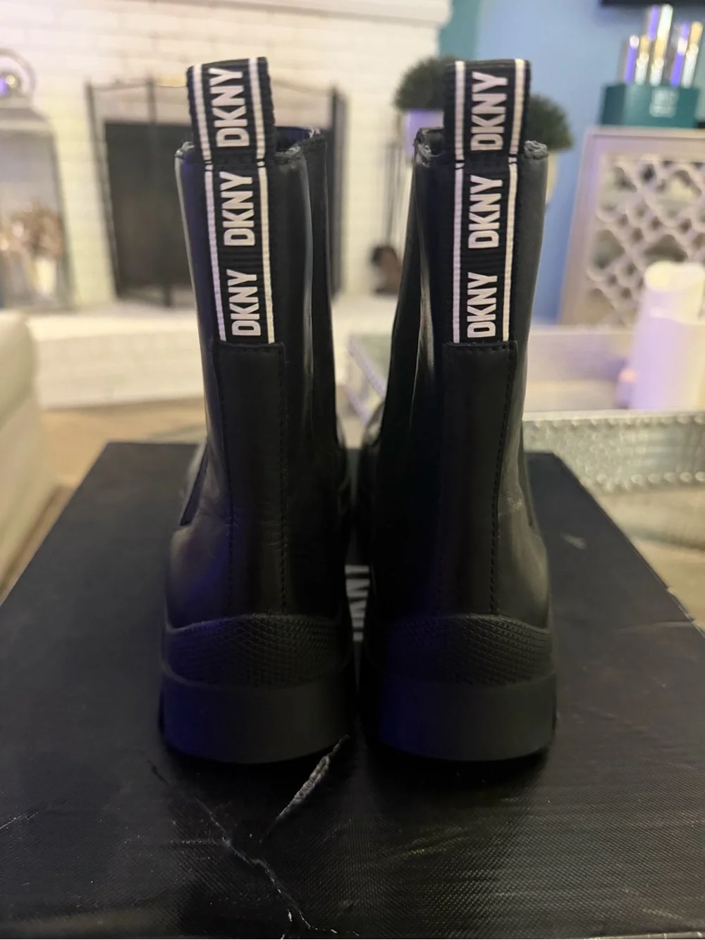 DKNY Black Leather Chelsea Lug Boots
